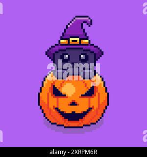 Vektor-Illustration der Katze mit Kürbis halloween-Thema mit Pixel Art Design, perfekt für Spiel-Assets Themen Designs Stock Vektor