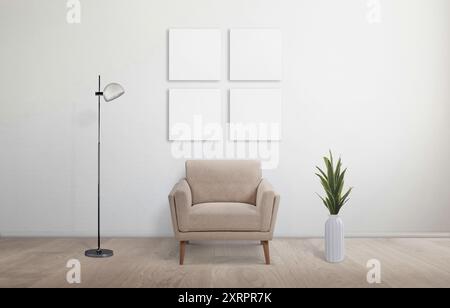 Vierteiliges Set aus weißem, quadratischem Kunsttuch an der Wohnzimmerwand mit Stuhl, Pflanze und Lampe. Ideal für Mockup, Kunstdesign-Präsentationen und das Wohnen Stockfoto