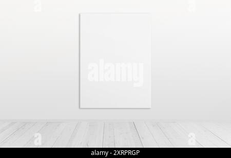 Vertikale Leinwand an der Wand in einem sauberen Raum mit Holzboden. Ideal für Mockup und Präsentation von Kunstwerken in poliertem und styl Stockfoto