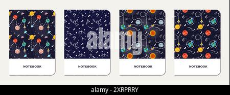 Schulbuch-Cover-Design mit Cartoon-Galaxie. Niedliches Design für Notizbücher und Tagebücher für Kinder. Schulheft mit handgezeichneter Galaxie. Stock Vektor