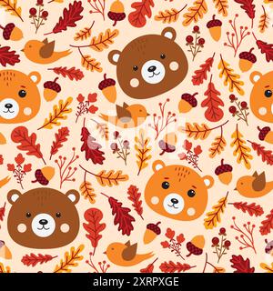Ein Muster mit Bärengesichtern und Herbstblättern Stock Vektor