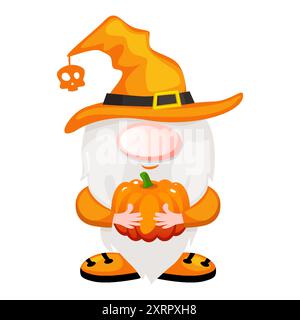 Halloween-Zwerg mit einem Kürbis in den Händen. Halloween Gnome Kalender Design Vektor. Süße Happy Halloween Vektor Illustration Stock Vektor