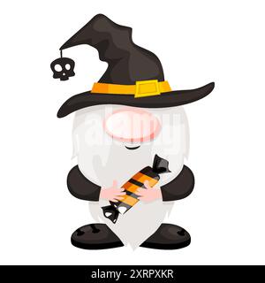 Halloween-Zwerg mit einem Süßigkeiten in den Händen. Halloween Gnome Kalender Design Vektor. Süße Happy Halloween Vektor Illustration Stock Vektor