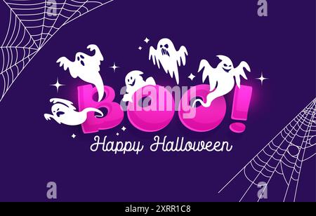 Halloween-Buh-Banner mit niedlichen Kawaii-Geisterfiguren, Vektor-Horror-Feiertag. Fliegende, weiße Phantom-Monster-Persönlichkeiten mit gruseligen Gesichtern, Spinnennetz und St. Stock Vektor