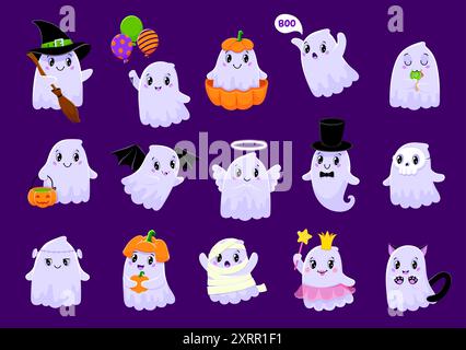 Cartoon niedliche Halloween Kawaii Geisterfiguren für Horrorurlaub, Vektor lustige Buh. Halloween-Geist mit Kürbis, Teufelskatze oder Hexe und gruseligen Prinzen Stock Vektor