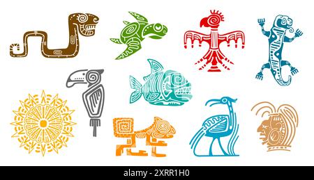 Maya azteken Totems Set, Stammessymbole von Tieren wie Schlange, Vogel, Schildkröte, Fisch, Eichhörnchen, Eidechse, Kopf und Sonne. Vektor stilisierte mexikanische Embleme Stock Vektor