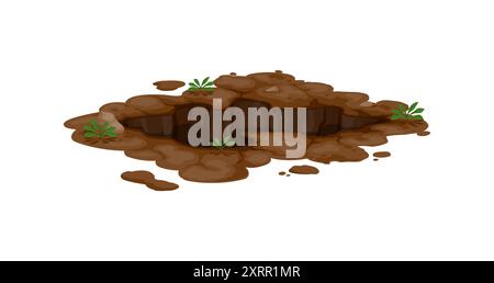Schmutzige Grube oder tiefes Erdloch und unterirdischer Graben in Erdboden, Cartoonvektor. Loch in Boden oder Grubenhohlloch und unterirdischer Graben mit Schmutzablagerungen Stock Vektor