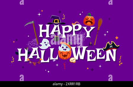 Lustige süße Kawaii-Geister auf Happy Halloween-Banner. Herbst gruselige Feiertage, Happy Halloween Horror Party Vektor Banner oder Druck mit Kürbis, Piraten und Hexenhut, Geister Kawaii Charaktere Stock Vektor