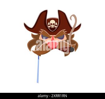 Piratenkapitän Karneval und Fotokabine Maske am Stock mit Hut und Schnurrbart. Piratenkapitän, Korsair oder Seemann Vektormaske, Piratenparty Cartoon Kostüm. Lustiger Filibuster mit Tricorn-Hut und Zigarre Stock Vektor