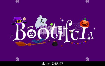 Halloween-T-Shirt-Zitat, heiteres Wort mit Weihnachtsartikeln. Furchterregendes Ereignis im Herbst, gruseliges Festzitat im Oktober, Cartoon-Vektor-Druck mit lustigem Geist, Kürbis und Hexenhut, Spinnennetz, Süßigkeiten Stock Vektor