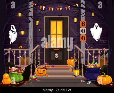 Halloween Tür Veranda mit Süßigkeiten in Eimern, gruseligen Geistern und Kürbissen, Comic Vektor. Halloween-Urlaub und Trick or Treat Party-Buh-Geister mit Schädel an der Haustür und Monster-Bonbons mit Spinnen Stock Vektor