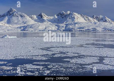 Eisbedeckter Fjord im Winter vor den Bergen, sonnig, Tasiilaq, Ostgrönland, Grönland Stockfoto