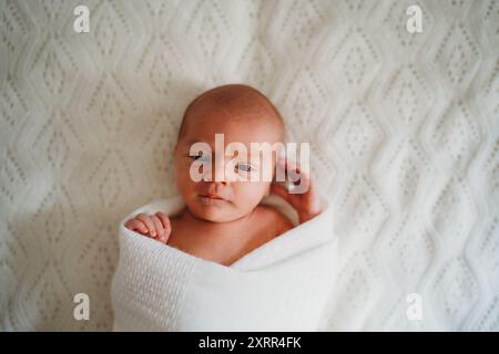 Porträt eines ruhigen, in weiß gewickelten Neugeborenen Stockfoto