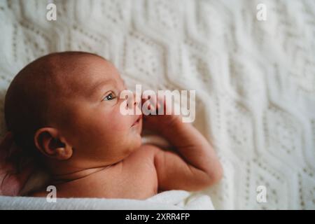 Porträt-Profil entzückender neugeborener Junge in weiß gewickelt Stockfoto