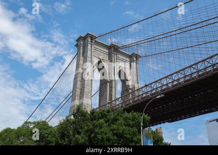 Allgemeine Ansicht der Brooklyn Bridge von der Brooklyn-Seite in New York City, New York, Vereinigte Staaten von Amerika Stockfoto