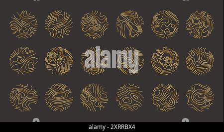 Kreisförmige Holzringe oder topografische Kartenlinien Texturset. Sammlung der topographischen abstrakten Linien des Holzbaums Stock Vektor