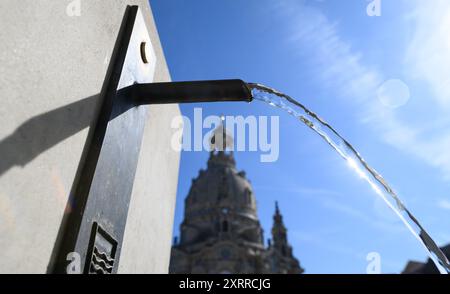 Dresden, Deutschland. August 2024. Trinkwasser fließt aus einem Wasserhahn aus einem öffentlichen Trinkwasserbrunnen auf dem Neumarkt vor der Fraunkirche bei Sonnenschein. Robert Michael/dpa/Alamy Live News Stockfoto