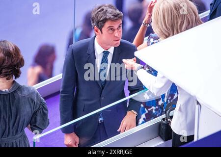 Der französische Premierminister Gabriel Attal, die Abschlusszeremonie während der Olympischen Spiele von Paris 2024 am 11. August 2024 im Stade de France in Saint-Denis bei Paris, Frankreich Stockfoto