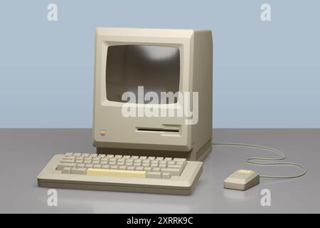 Buenos Aires, Argentinien - 11. August 2024: Apple Macintosh 128K Computer auf einem Schreibtisch. 3D-Abbildung. Stockfoto