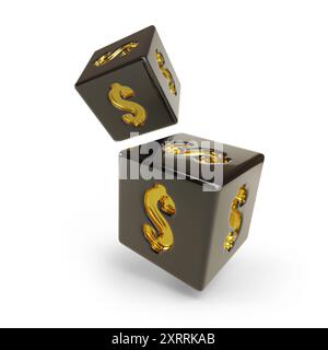 Schwarze Würfel mit Dollarzeichen isoliert auf weißem Hintergrund. 3D-Abbildung. Stockfoto