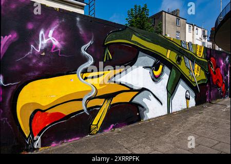 Möwe mit Helm und Zigarre auf einem Street Art Werk in Brighton Stockfoto