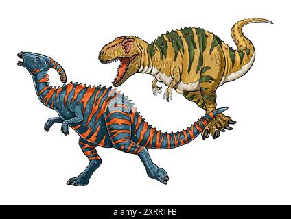 Dinosaurierjagd. Giganotosaurus greift den Parasaurolophus an. Farbige Illustration, die den Kampf gegen Dinosaurier zeigt. Zeichnen mit prähistorischen Tieren. Stockfoto