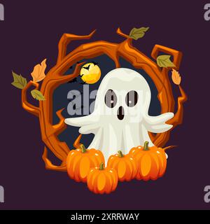 Süßer lustiger Zeichentrickgeist mit Kürbissen und Holzkranz. Vektorillustration für Ihre Design- oder Grußkarten. Dekoelement für Halloween Stock Vektor
