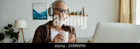 Ein reifer schwuler Mann mit Tattoos und grauen Haaren arbeitet fernab von seinem Home Office aus. Stockfoto