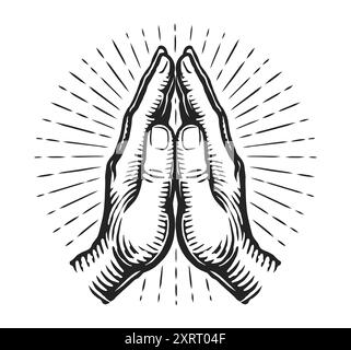 Hände in Gebetsposition. Gebet, glaube und Hoffnung Emblem. Handgezeichnete Vektorgrafik Stock Vektor