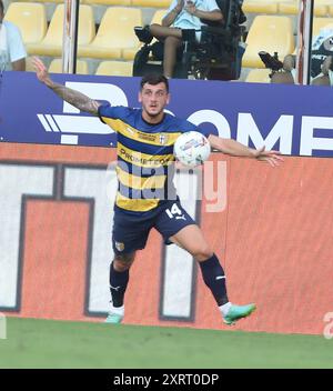 Parma, Italien. August 2024. Parmas Emanuele Valeri im italienischen Fußballpokal zwischen Parma und Palermo im Parma Ennio TardiniStadium am Sonntag, den 11. August 2024. (Foto: Gianni Santandrea/LaPresse) Credit: LaPresse/Alamy Live News Stockfoto