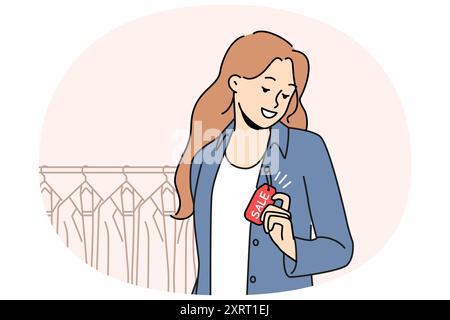 Lächelnde Frau, die eine Jacke mit Verkaufsschild in einer Boutique trägt. Glückliches Mädchen, das Kleidung im Geschäft zu Sonderpreisen oder Sonderangeboten kauft. Shopping und Stil. Vektordarstellung. Stock Vektor