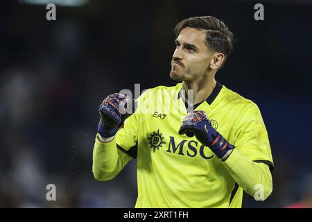 Napolys italienischer Torhüter Alex Meret feiert im Diego Armando Maradona Stadion in Neapel, Süditalien, den Sieg beim Fußballspiel Coppa Italia zwischen dem SSC Napoli und Modena 2024 Stockfoto