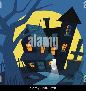 Eine Halloween-Illustration, in der Geister nachts auf dem Friedhof herumwandern. Stock Vektor