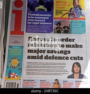Labour Chancellor Rachel "Reeves to Order Ministers to make large Savings with Defense cuts" i Zeitung Schlagzeile 9 August 2024 London UK Stockfoto