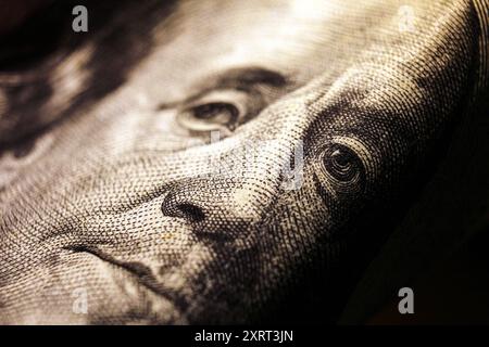 Benjamin Franklin Porträt von US-100-Dollar-Banknote, Makro, Nahaufnahme Stockfoto