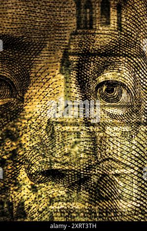 Benjamin Franklin Gesicht von 100-Dollar-Banknote, Makro, Nahaufnahme Stockfoto