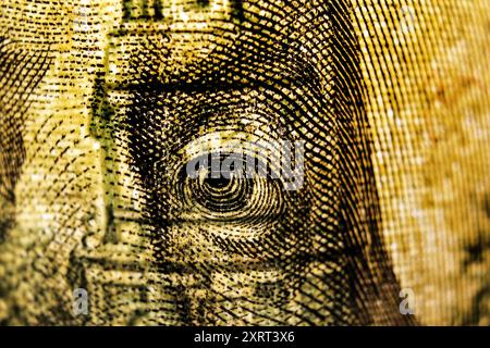 Benjamin Franklin Gesicht von 100-Dollar-Schein, Makro, Nahaufnahme Stockfoto