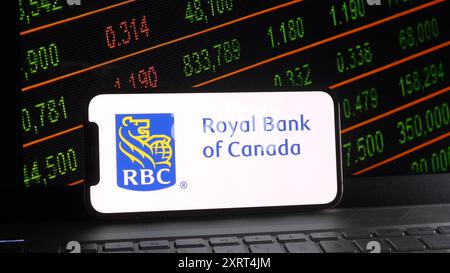 China. August 2024. In dieser Fotoabbildung wird das Logo der Royal Bank of Canada auf einem Smartphone mit Börsenhintergrund und Laptop-Tastatur angezeigt. Quelle: SOPA Images Limited/Alamy Live News Stockfoto