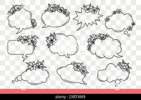 Dialogwolken, die mit Blumen dekoriert sind, um direkte Redekommentare oder Charakterkommentare und Gedanken zu veranschaulichen. Dialogwolken oder -Blasen symbolisieren Gespräche und Meinungsaustausch. Handgezeichnete Kritzelei Stock Vektor