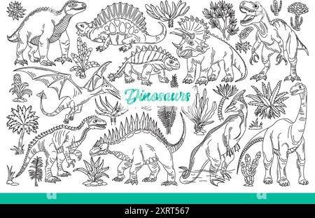 Dinosaurier laufen oder fliegen in den Himmel, zeigen große Zähne und sind bereit zum Kampf. Antike Dinosaurier-Monster ähnlich wie Eidechsen, die die Erde bewohnten, bevor Meteorit fiel. Handgezeichnete Kritzelei Stock Vektor