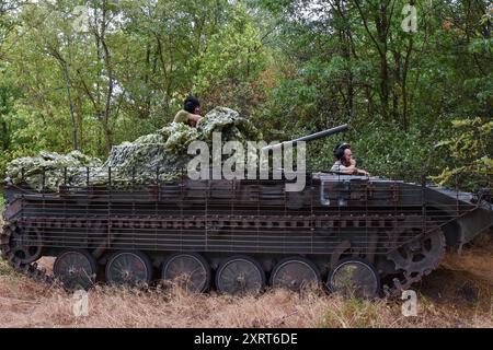 Ukrainische Besatzung des Panzerpersonals der 118. Separaten Brigade bereit, einen Träger nahe der Frontlinie zu fahren. Der Sprecher der Tavria-Einsatzgruppe Dmytro Lychovii (Ukraine) berichtete, dass ukrainische Einheiten an der Südfront ihre Verteidigungsoperation fortsetzten und ihre taktische Position verbesserten. Laut ihm führen die Russen im Süden trotz geringer Angriffsaktivität Artillerieschuss und Luftangriffe durch und setzen eine beträchtliche Anzahl von Drohnen ein. Ukrainische Kämpfer führen auch Drohnenangriffe auf den Feind durch. Obwohl die Vorderseite stabil ist, sind einige Bereiche vorhanden Stockfoto