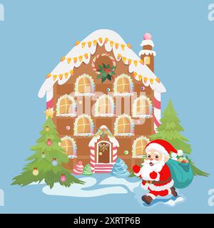 Lebkuchenhaus dekoriert mit Glasur und Bonbons, Weihnachtsbäumen, und fröhlicher Weihnachtsmann mit Geschenken - Vektor-Illustration Stock Vektor