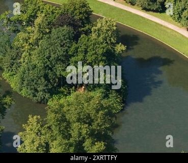 Oval Lake und Insel aus der Vogelperspektive auf die beerdigte Prinzessin Diana von Wales. Dieses vergrößerte Bild (Detail) zeigt, wo ein Baumzweig abgeschnitten und der Boden gestört wurde. Das könnte die Begräbnisstätte sein. Great Brington, Northamptonshire, England 9. August 2007 2000, Großbritannien HOMER SYKES Stockfoto