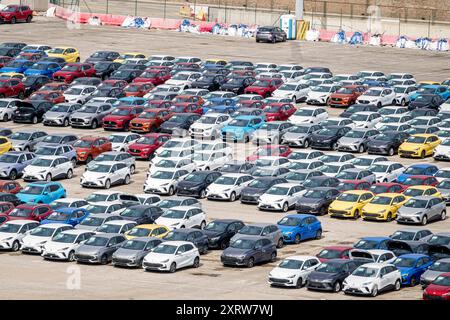 Barcelona Spanien, Katalonien Catalunya, Sants-Montjuic, Mittelmeer, Port Puerto de Barcelona, Luftaufnahme von oben, MG ZS Neuwagen Auto Stockfoto