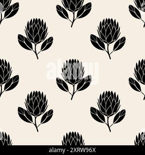 Muster Protea Blume Silhouette schwarz stilisierte Zeichnung auf beigefarbenem Hintergrund. Vektorabbildung Stock Vektor