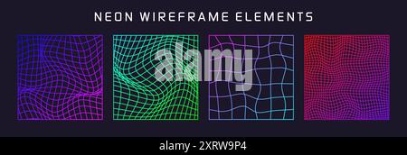 Bunte Drahtmodellformen, gefüttertes perspektivisches Netz, 3D-Raster. Geometrische Elemente mit niedrigem Poly. Futuristische Retro-Designelemente, y2k, Vaporwave und Stock Vektor