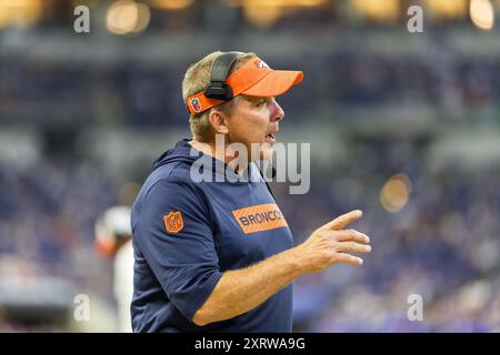 11. August 2024: Denver Broncos-Cheftrainer Sean Payton während des Vorsaisonspiels gegen die Indianapolis Colts im Lucas Oil Stadium in Indianapolis, Indiana. John Mersits/CSM. Stockfoto