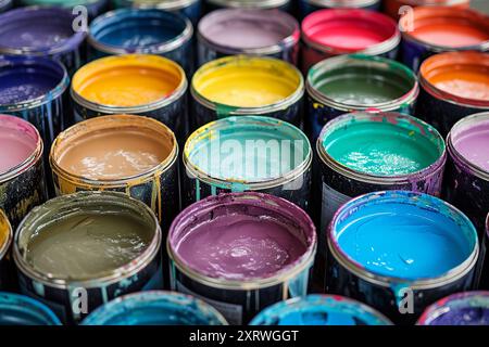 Verschiedene Farben von Farben in Dosen oder farbenfrohen Farbhintergrund. Konzept der Hausreparatur- und Renovierungsmittel Stockfoto