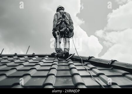 Bauarbeiter mit Sicherheitsgurt und Sicherheitsleine, die an Gerüsten in einem neuen Haus im Bau arbeiten Stockfoto