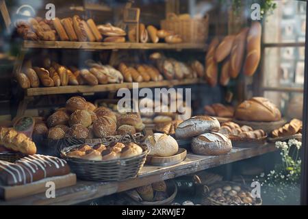 Verschiedene Gebäckstücke und Brot auf Tablett, die in der Bäckerei verkauft werden. Frisch gebackenes Essen im Vitrinenschrank im Café. Stockfoto